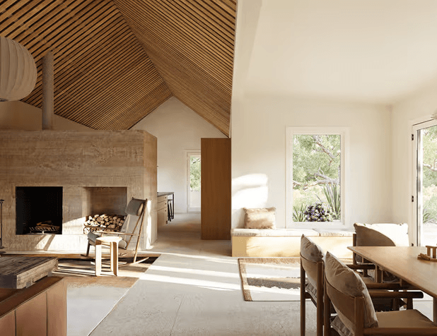 Modern architectural interior with wooden ceiling details